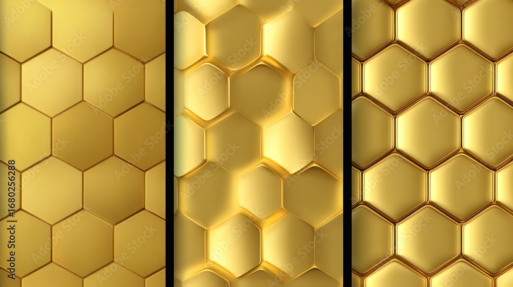 Poster Three variations of hexagonal patterns, shiny gold, luxurious geometric texture collection.