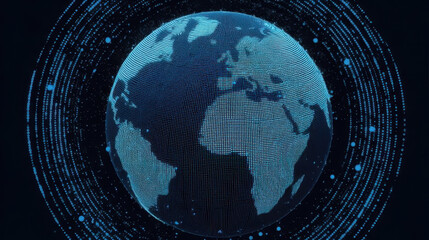 Digital earth rotating with binary code particles flowing around it