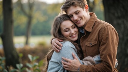 Fototapeta premium Young loving couple hugging, sitting on the grass outdoors. Love relationship concept