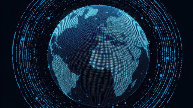 Digital earth rotating with binary code particles flowing around it - Powered by Adobe