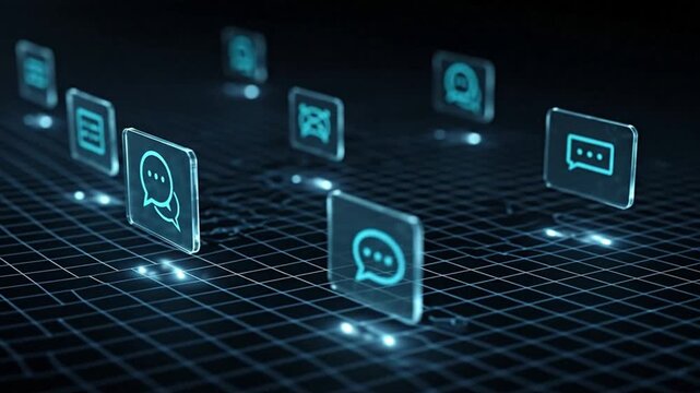 Floating clear icons with chat bubble symbols on a black grid softly lit