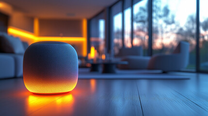 Smart home speaker surrounded by ambient lights and voice control interface