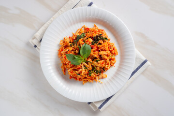 Ayam Suwir Pedas Kemangi, Spicy Chicken shreded with basil. Perfect for recipes, articles or any cooking content.