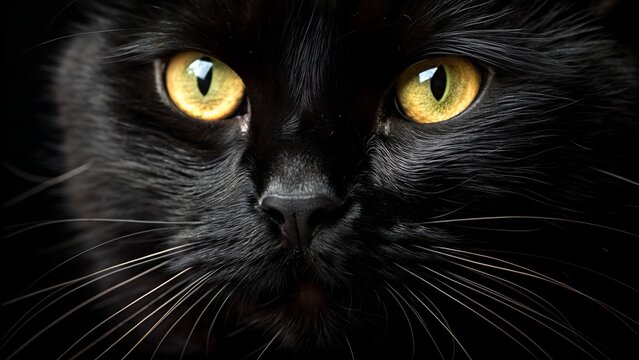 A captivating black cat stares intensely its golden eyes glowing with mystery against a dark backdrop highlighting its - Powered by Adobe