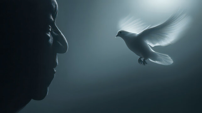 Profile of african american man observing flying white dove representing peace and hope