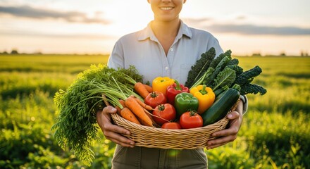 Farmer holding a wicker basket full of fresh organic vegetables in a field at sunset