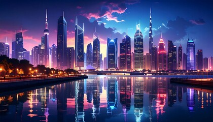 Obraz premium City skyline at twilight, vibrant colors, reflected in water