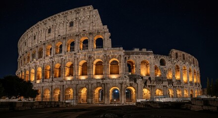 The historic Colosseum of Rome glows warmly under the night sky, showcasing its majestic and ancient Roman architecture