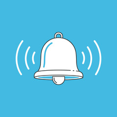 A simple white bell icon rings with sound waves emanating from it on a bright blue background