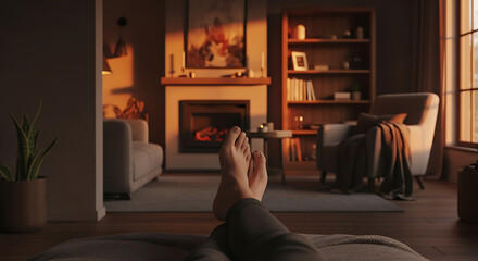 Relaxed Bare Feet Resting in Cozy Living Room at Sunset.