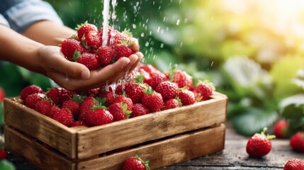 Fresh strawberries are being rinsed in hands, showcasing vibrant colors and the essence of nature's bounty.