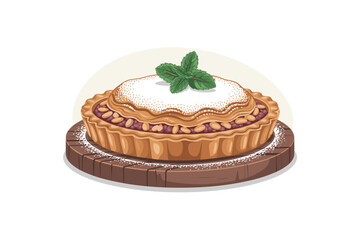 Delicious Berry and Almond Tart with Powdered Sugar and Fresh Mint, Served on a Wooden Board – Culinary Art, Sweet Treat, Dessert.