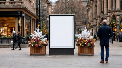 Urban Display: A clean and bright empty display ad sits in the center of an urban square. A solitary individual contemplates the scene. Generative Ai