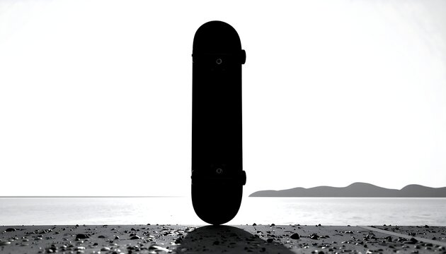 A skateboard silhouette stands upright on the beach - Powered by Adobe