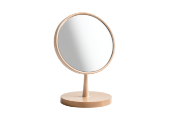 Round Wooden Table Mirror on Transparent Background