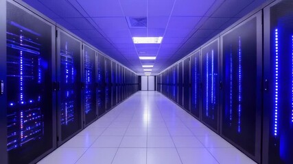 Long server room with blue LED lights and rows of racks - Powered by Adobe