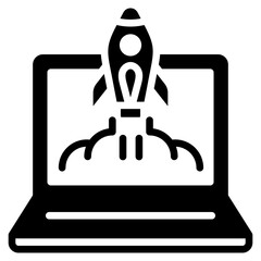 Startup Black Fill Outline Icon Design Vector - Laptop with rocket launch, symbolizing startup, innovation, and business growth