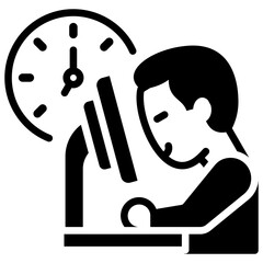 Overtime Black Fill Outline Icon Design Vector - Person working late with clock, symbolizing overtime, workload, and deadline pressure