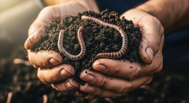 Farmer's hands holding rich fertile soil with earthworms, a concept for organic farming and soil health