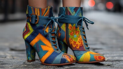 Eclectic Patchwork Ankle Boots with Intricate Detailing and Vibrant Colors