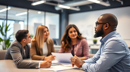Fototapeta premium Business man, meeting and listening to discussion in office for collaboration, team and planning ideas together. Black male, employees and conversation of project, work and hearing feedback in agency