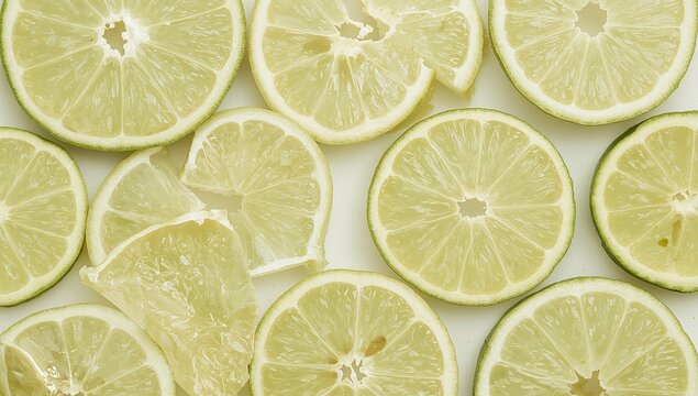 Fresh lime slices, beautifully arranged in a top-down shot, showcasing their vibrant citrusy hues. A visual feast, bursting with zesty appeal, ideal for culinary and refreshment themes.
