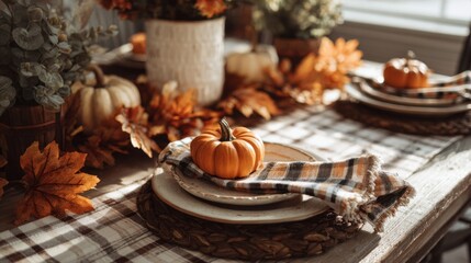 Cozy autumn dining table setting with pumpkins and warm accents  