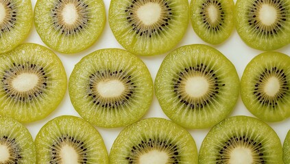 A vibrant display of meticulously sliced kiwi fruit showcases their appealing freshness and natural texture in photorealistic arrangement.
