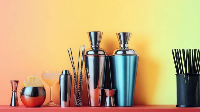 Bartending equipment and cocktail glasses displayed on colorful background