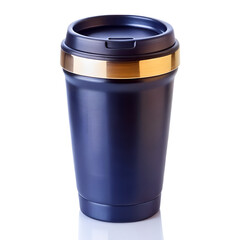 Obraz premium A sleek navy blue travel mug with a gold accent band, isolated on transparent background