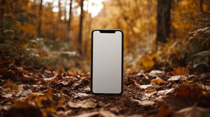 Smartphone with blank white screen mockup resting on autumn leaves in forest setting  