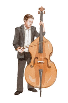 watercolor musician playing double bass clip art preview