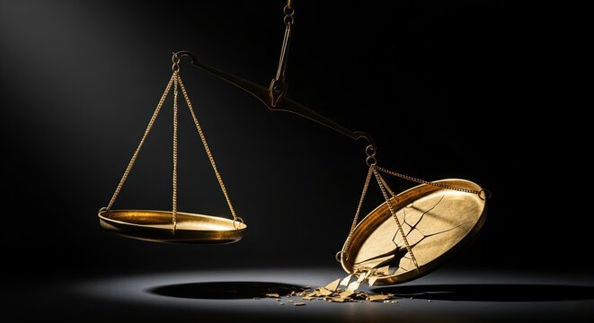 Broken and unbalanced golden scales of justice symbolizing injustice