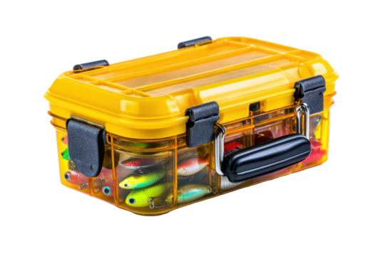 Yellow Fishing Tackle Box with Lures on Transparent Background