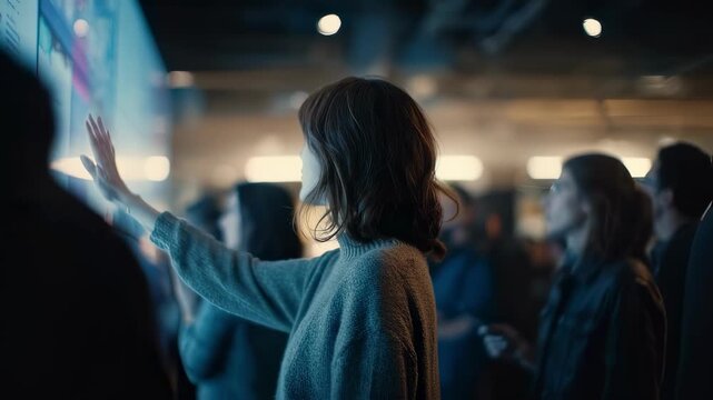 Medium shot capturing a person interacting with a touchsensitive projection wall highlighting dynamic crowdsourced poll visuals surrounded by softly blurred group members engaged
