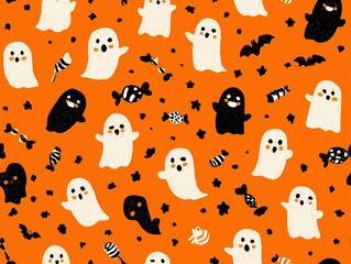 Seamless repeat pattern with Halloween candy and ghosts in black on orange, luxury sublimation print effect, vector SVG file for commercial textile use.