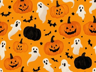 Obraz premium Seamless repeat pattern with Halloween candy and ghosts in black on orange, luxury sublimation print effect, vector SVG file for commercial textile use.