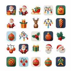 Fototapeta premium Festive vector pack of Santa Claus icons with gifts, sleigh, reindeer, and holiday decorations. Colorful and vibrant design, perfect for seasonal projects and cards.