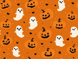 Fototapeta premium Seamless repeat pattern with Halloween candy and ghosts in black on orange, luxury sublimation print effect, vector SVG file for commercial textile use.