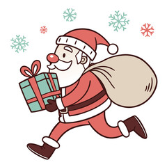 Cartoon Santa Claus running with a gift and a sack of presents with snowflakes Keywords: Santa Claus, Christmas, gift, present, sack, running, winter, holiday, snow, snowflakes, festive