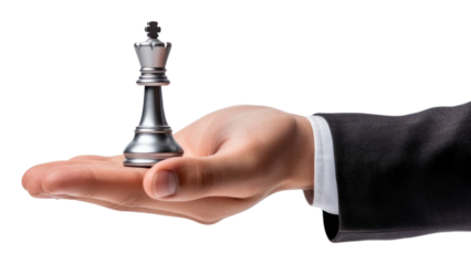 PNG A hand holding a silver chess piece white background chessboard strategy.