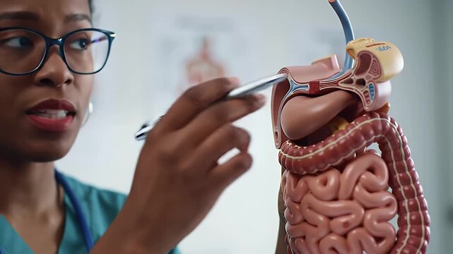 A Close Up Video Focuses on Medical Professional Explaining The Human Digestive System Model with an African Descent Doctor in a Clinic Setting for Health Awareness and Medical Education