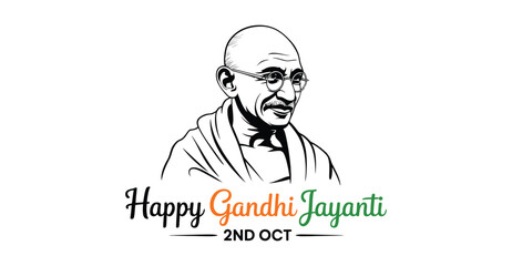 Gandhi Jayanti illustration with Mahatma Gandhi sketch, round glasses, shawl, and tricolor text with date honoring peace, legacy, and freedom