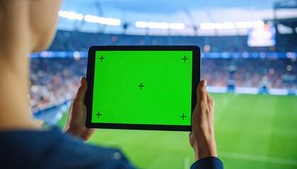 person holding a tablet with green screen at a blurred sports stadium