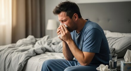 Fototapeta premium man blowing nose with tissue, feeling unwell in bed
