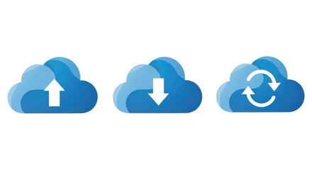 Cloud computing icons for upload, download and sync isolated on white isolated on transparent background
