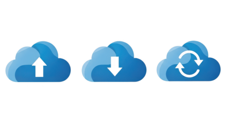 Cloud computing icons for upload, download and sync isolated on white isolated on transparent background