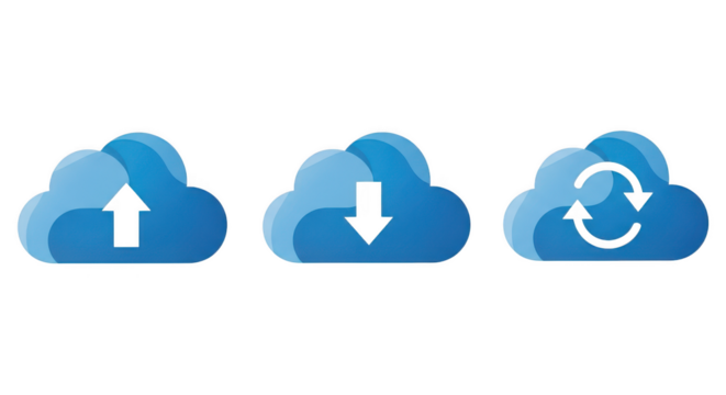 Cloud computing icons for upload, download and sync isolated on white isolated on transparent background