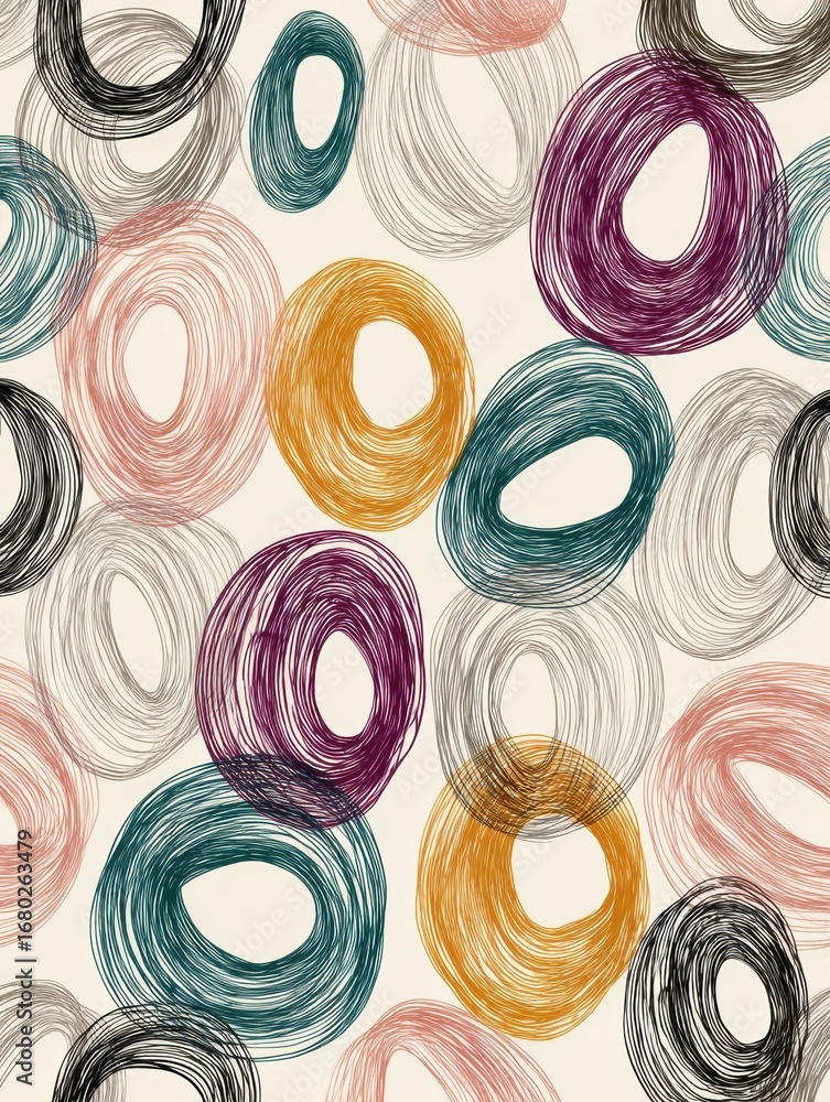 Poster abstract design featuring colorful swirling shapes on a light background with varying sizes and tone