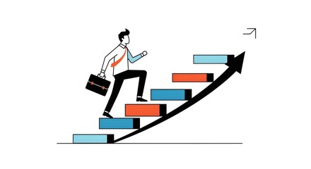 Obraz premium Businessman Climbing Stairs with Briefcase Upward Growth Arrow Concept